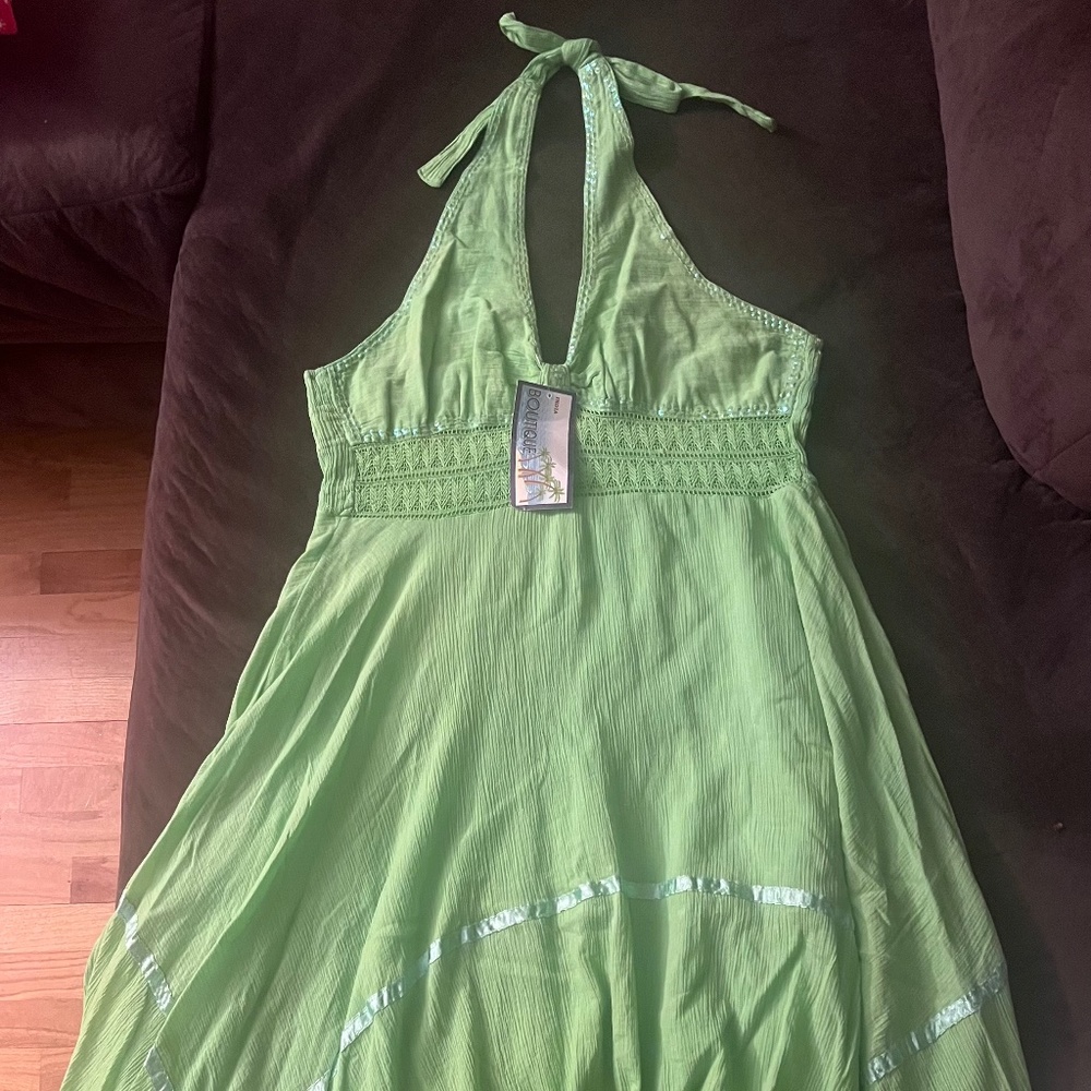 Lime Beaded Asymmetrical Halter Dress